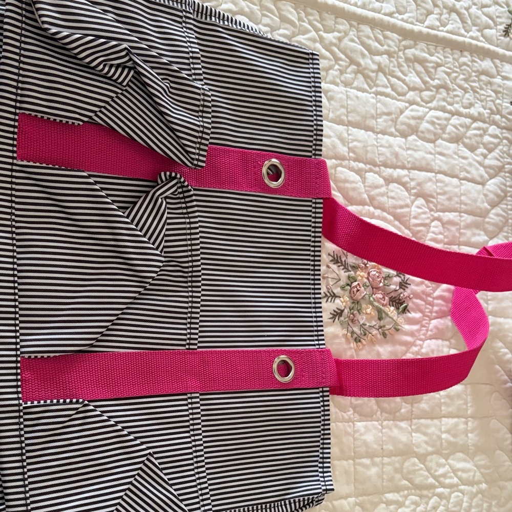 Thirty-One Black and White Striped Shoulder Bag with Pink Accents